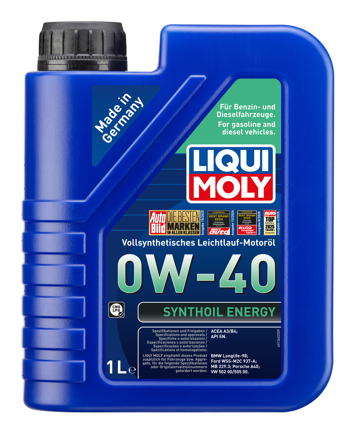 Liqui Moly Synthoil Energy 0W-40 engine oil bottle with label, designed for vehicle engine lubrication and performance.