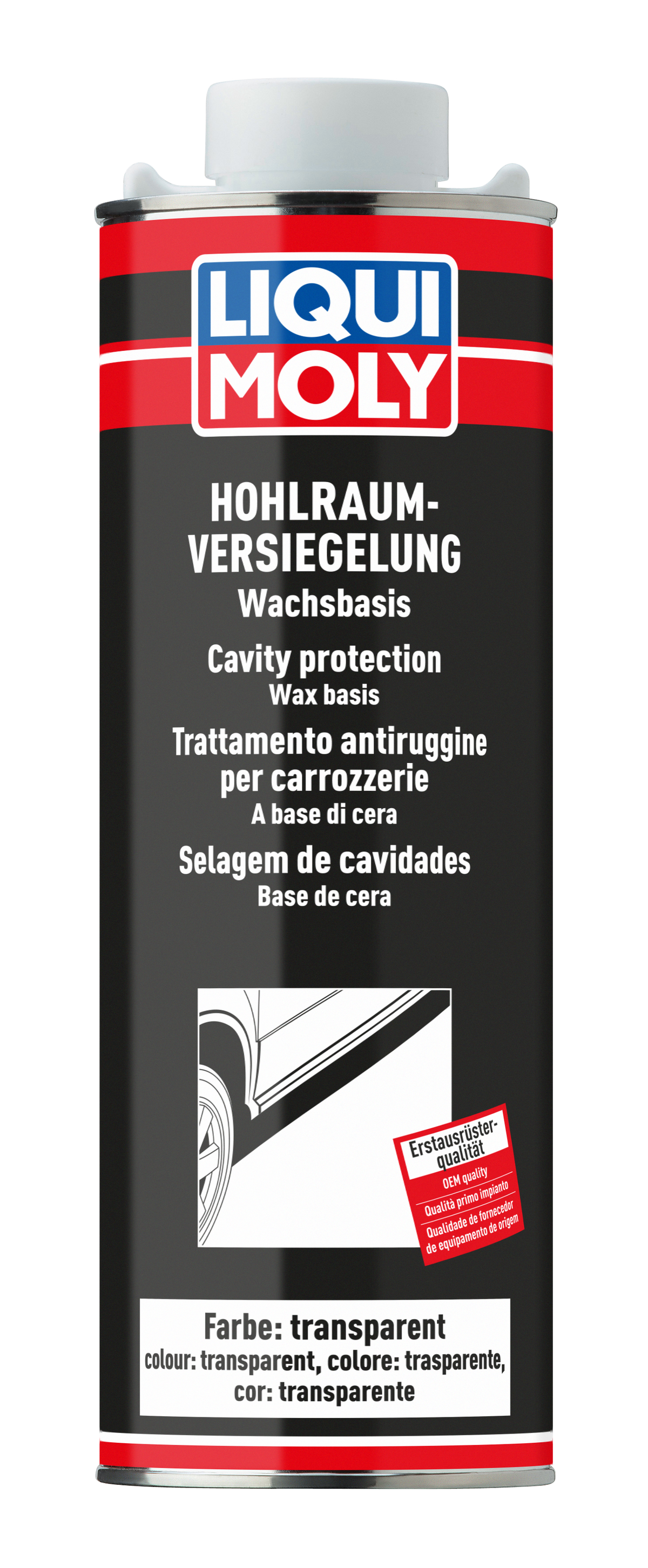 Liqui Moly Cavity Protection transparent adhesive and sealant applied to car cavity for corrosion protection.