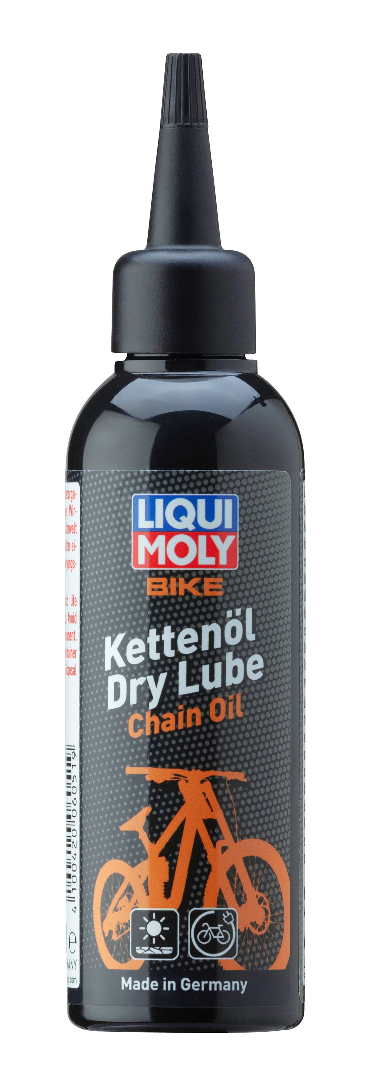 Liqui Moly motorcycle chain oil dry lube in a 100ml bottle, designed for lubricating and protecting bike chains.