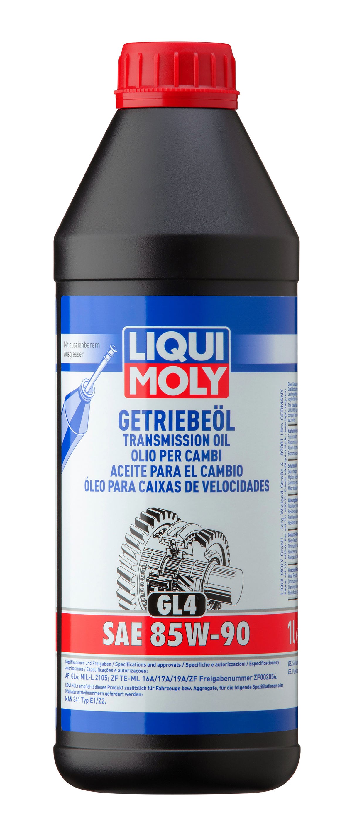 Liqui Moly Gear Oil GL4 SAE 85W-90 gearbox fluid container with label showing product details and brand logo.