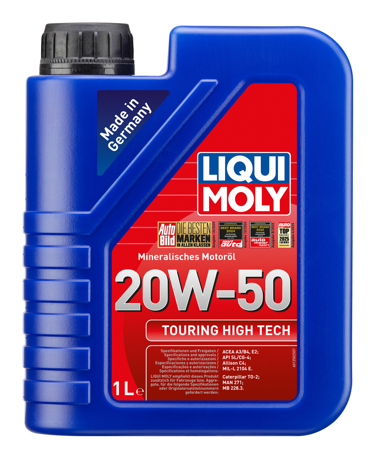 Liqui Moly Touring High Tech 20W-50 engine oil bottle, suitable for car engines, with a blue and yellow label and safety cap.