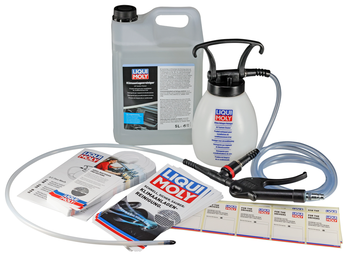 Liqui Moly Air Conditioner Cleaning Set for workshop tools, includes spray bottles and cleaning accessories.