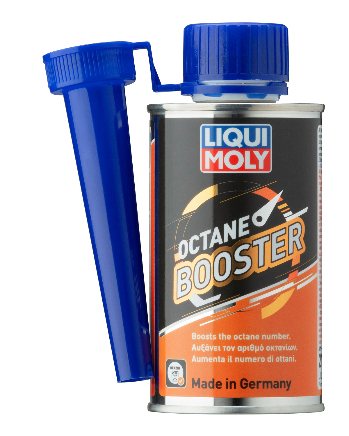 Liqui Moly Octane Booster 200ml bottle with label showing additives and treatments for improved fuel performance.