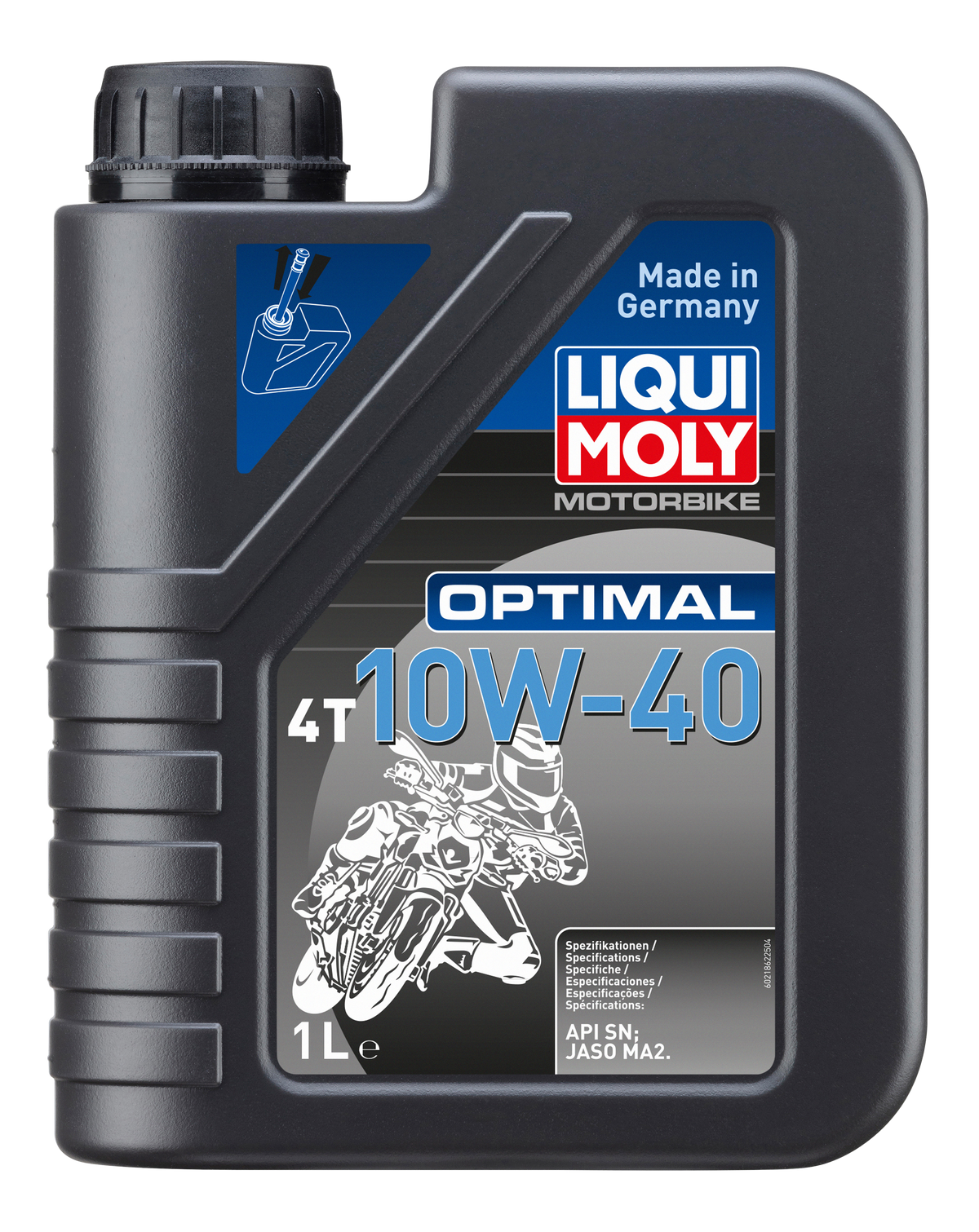 Liqui Moly Motorbike Optimal 4T 10W-40 motorcycle engine oil bottle with label and cap, designed for 4-stroke bikes.