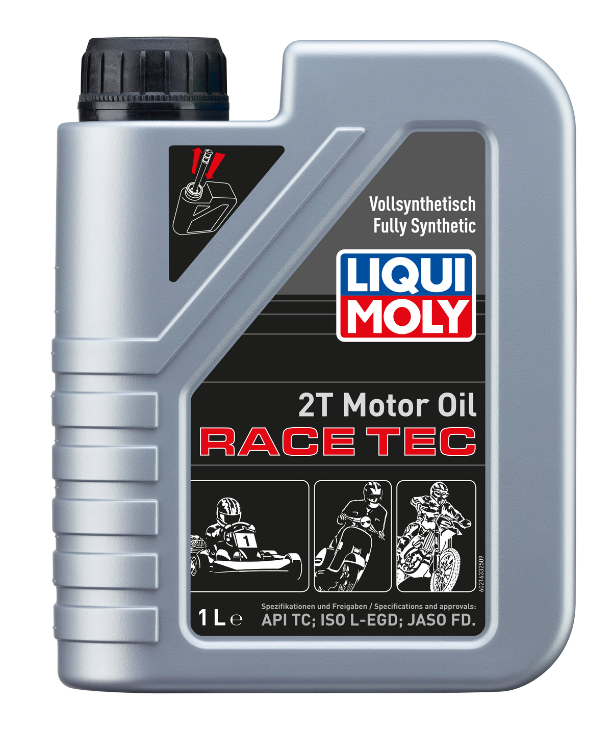 Liqui Moly 2T Race Tec motorcycle motor oil 1L bottle with label and cap, designed for two-stroke engines.