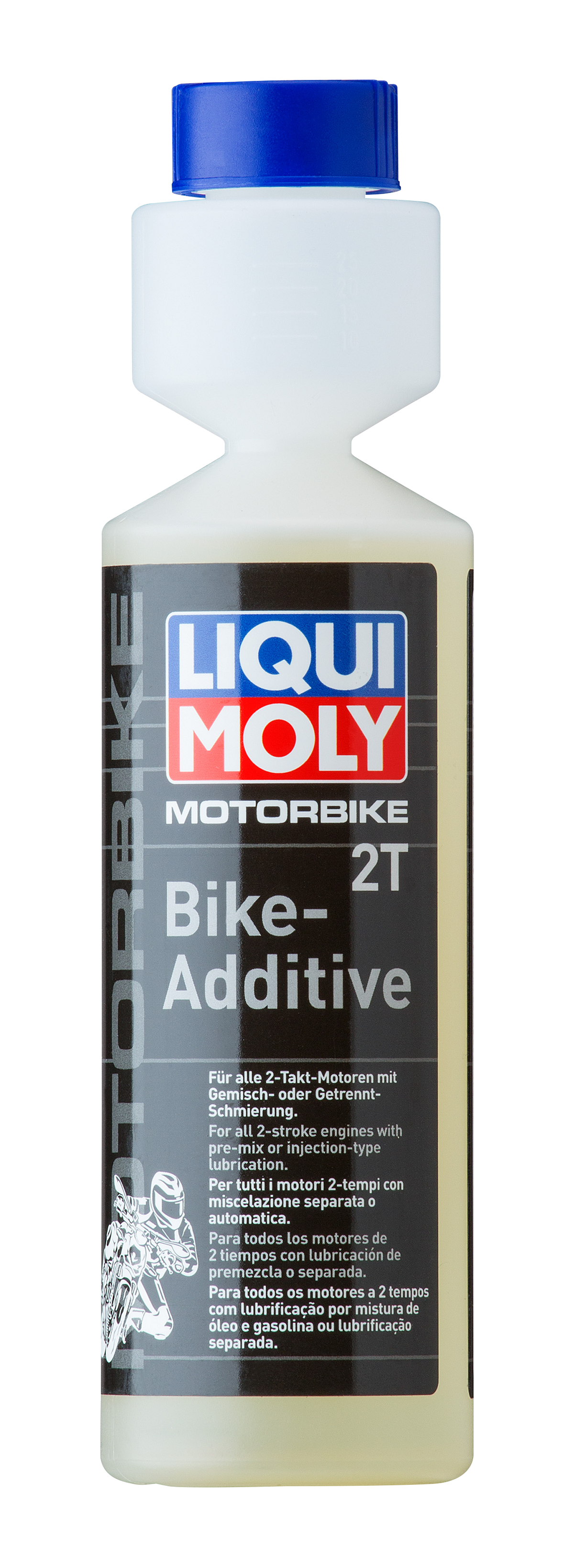 Liqui Moly Motorbike 2T bike additive bottle with 250ml capacity, designed for motorcycle engine performance.