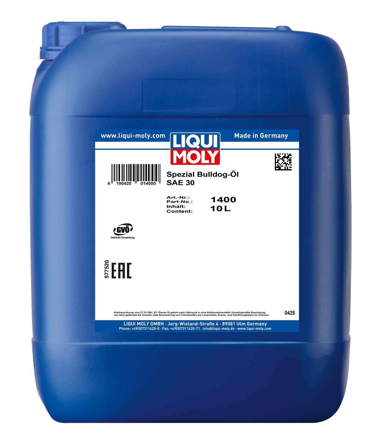 Liqui Moly Special Bulldog SAE 30 motor oil container for commercial and agricultural use, 10 liters.