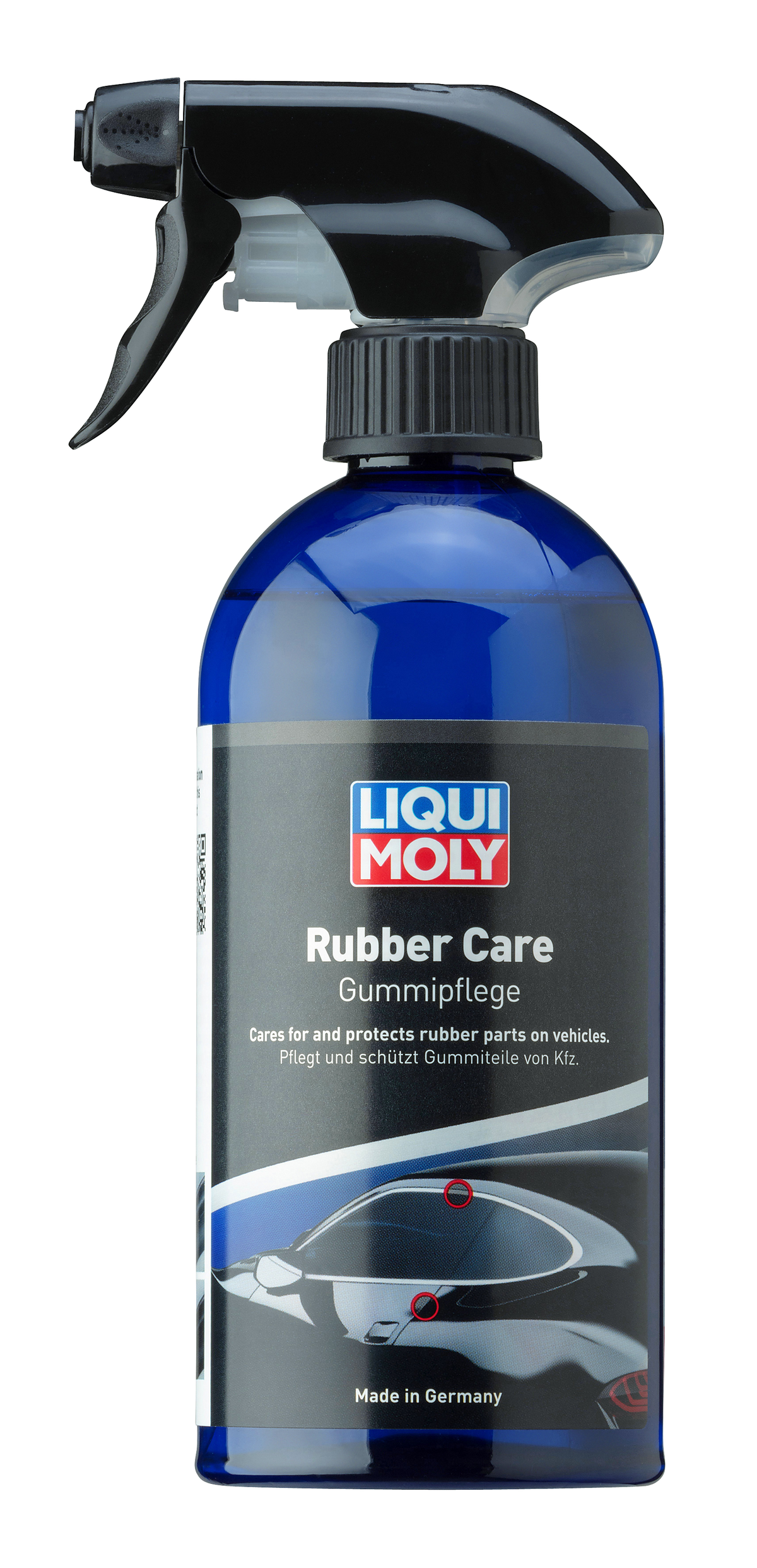Liqui Moly Rubber Care detailing product in a 500ml bottle, designed to restore and protect rubber surfaces in vehicles.