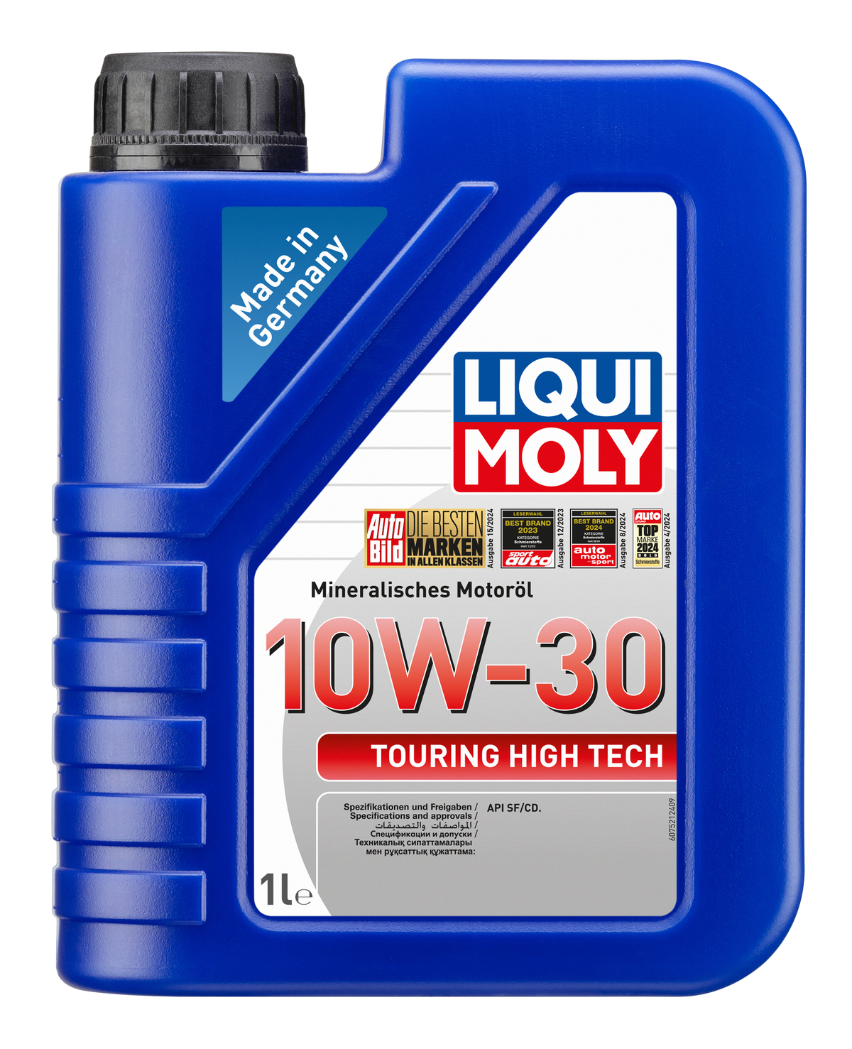 Liqui Moly Touring High Tech 10W-30 engine oil bottle, high-performance motor oil for car engines, with label visible.