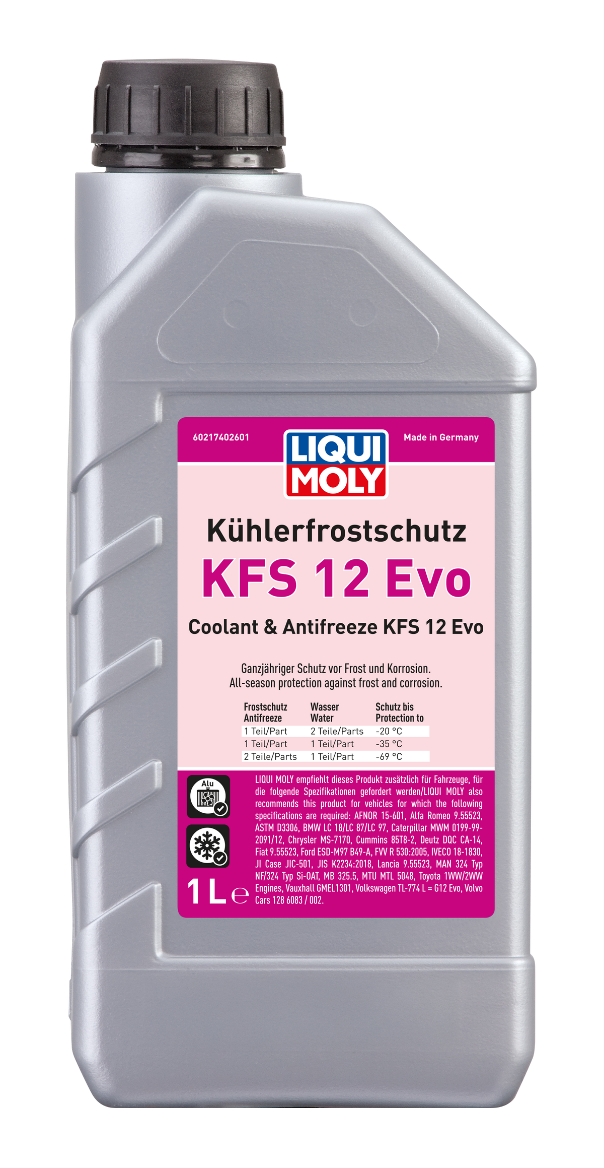 Liqui Moly Radiator Antifreeze KFS 12 Evo coolant bottle with label and cap, designed for vehicle cooling systems