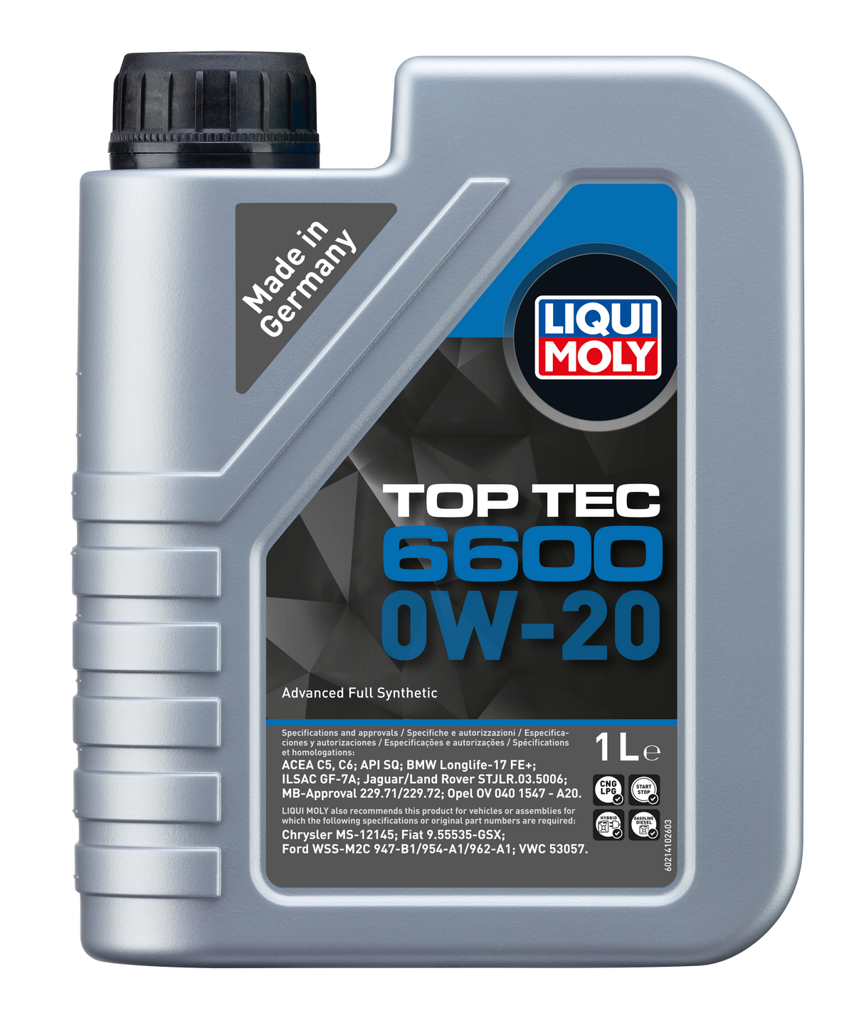 Liqui Moly Top Tec 6600 0W-20 engine oil bottle showing the product label and branding for vehicle engine lubrication.