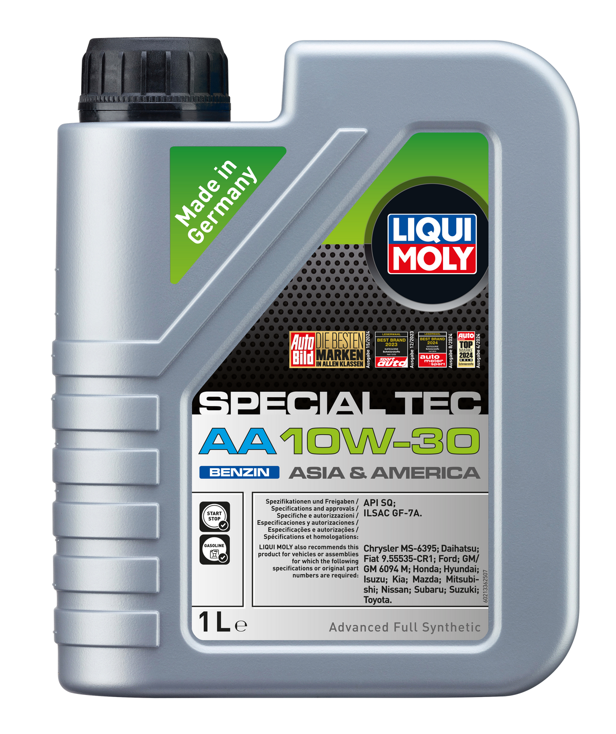 Liqui Moly Special Tec AA 10W-30 engine oil for gasoline engines, shown in a container with a black cap and label.