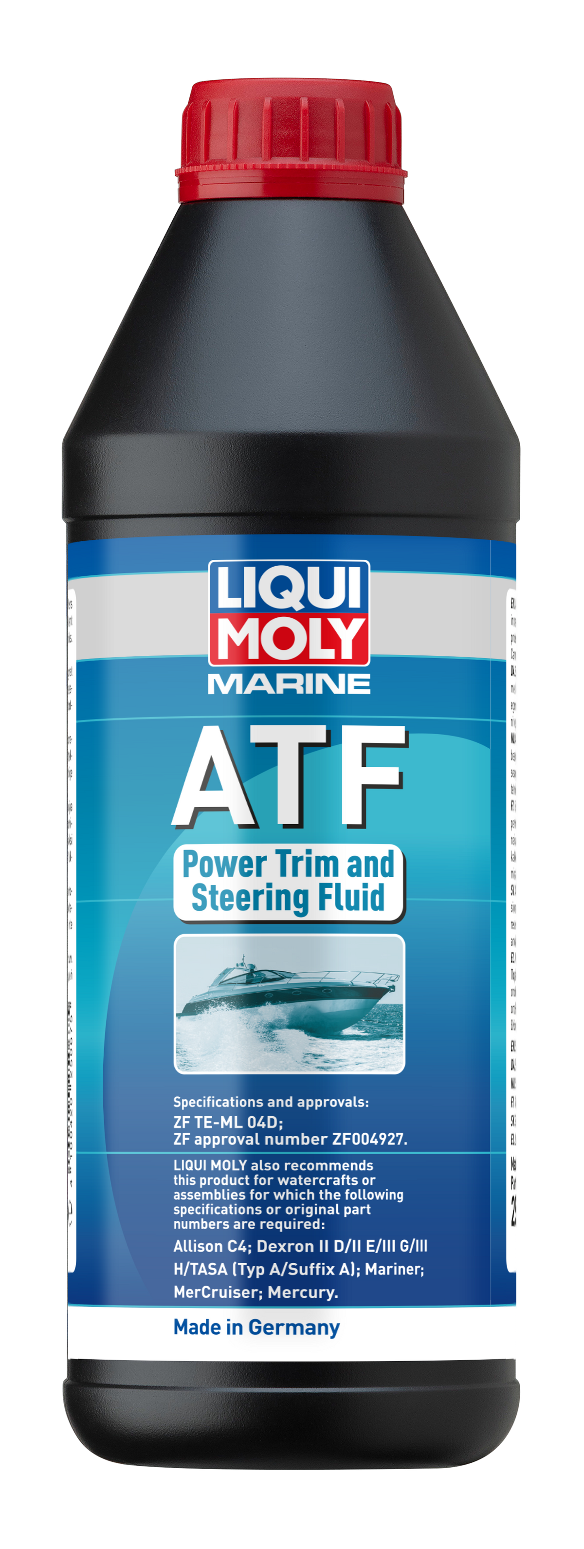 Liqui Moly Marine ATF 1L container, bright red fluid for marine transmission systems, with product label visible.