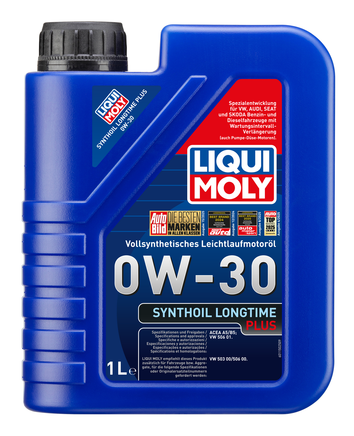 Liqui Moly Synthoil Longtime Plus 0W-30 engine oil bottle with label, showcasing the product for vehicle maintenance.