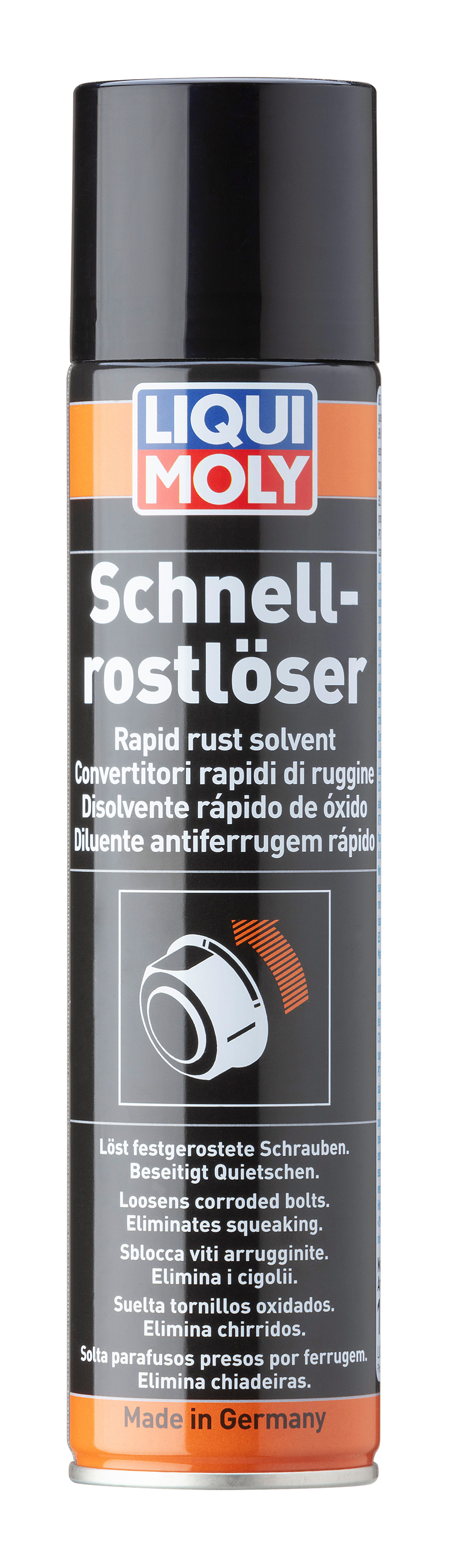 Liqui Moly Rapid Rust Solvent in a spray bottle, used for rust removal and lubrication in automotive and machinery maintenance.