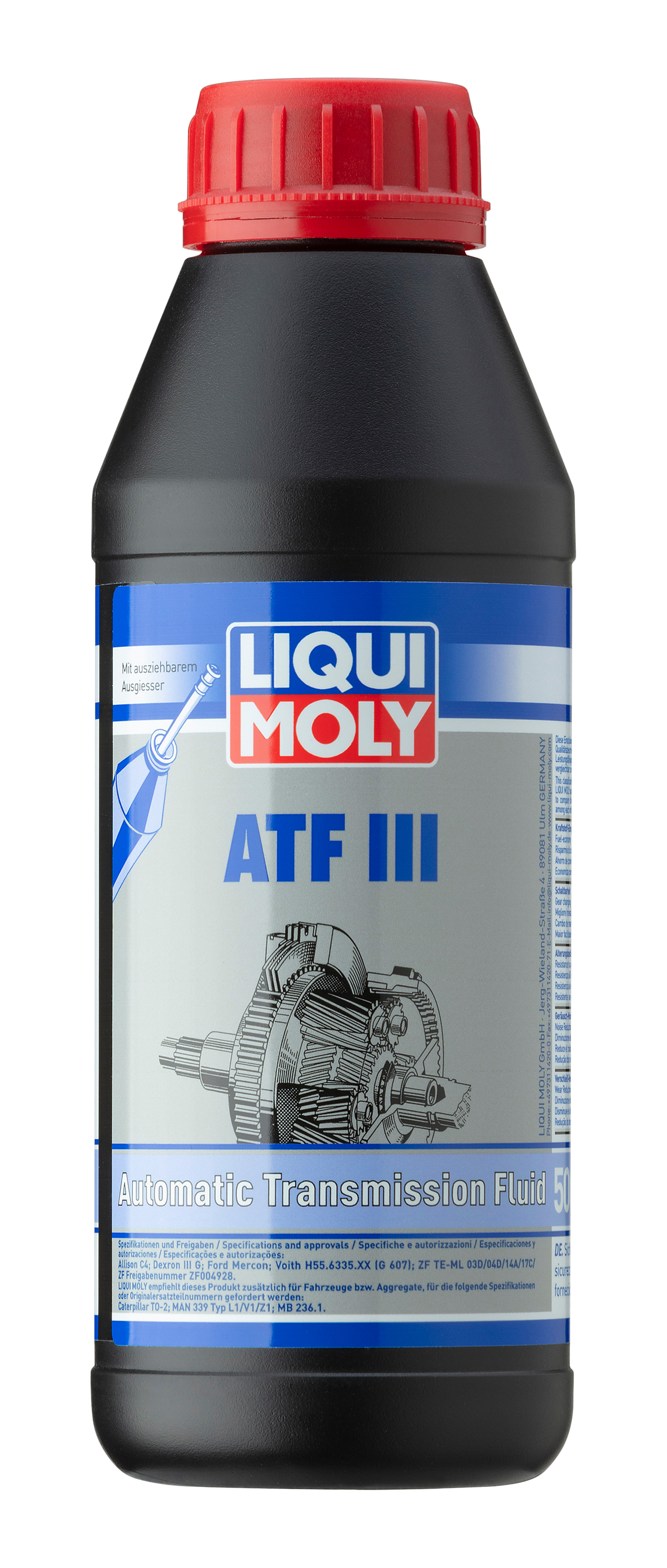 Liqui Moly ATF III Gearbox Fluid bottle with label showing brand logo and product details, ready for automatic transmission maintenance.