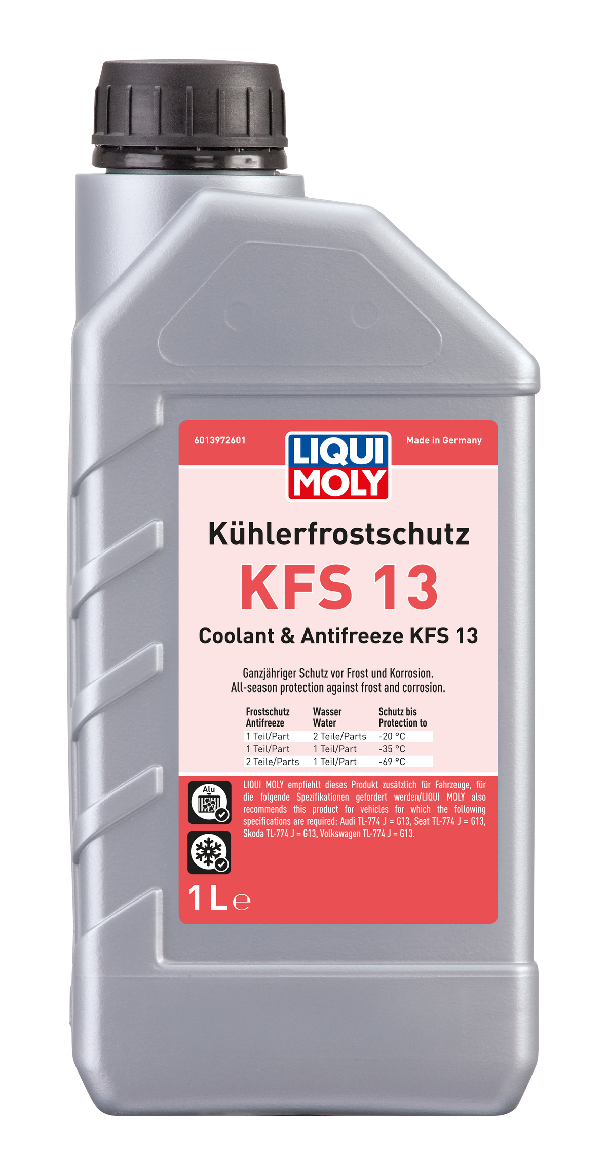 Liqui Moly Radiator Antifreeze KFS 13 coolant bottle with label and cap, designed for vehicle radiator protection.