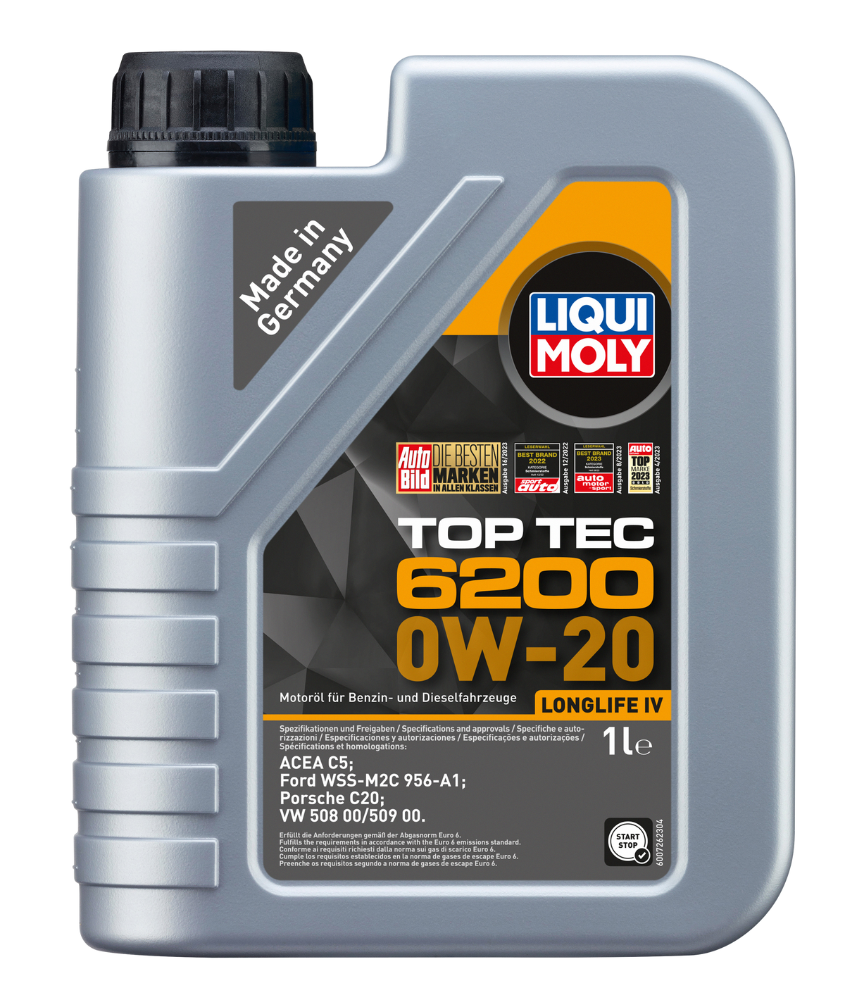 Liqui Moly Top Tec 6200 0W-20 engine oil container with label and cap, showcasing the product packaging.