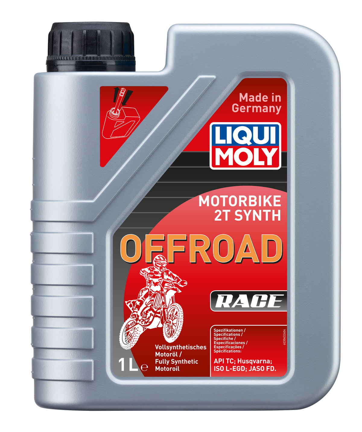 Liqui Moly Motorbike 2T Synth Offroad Race motorcycle oil bottle with label and cap, designed for off-road racing engines.