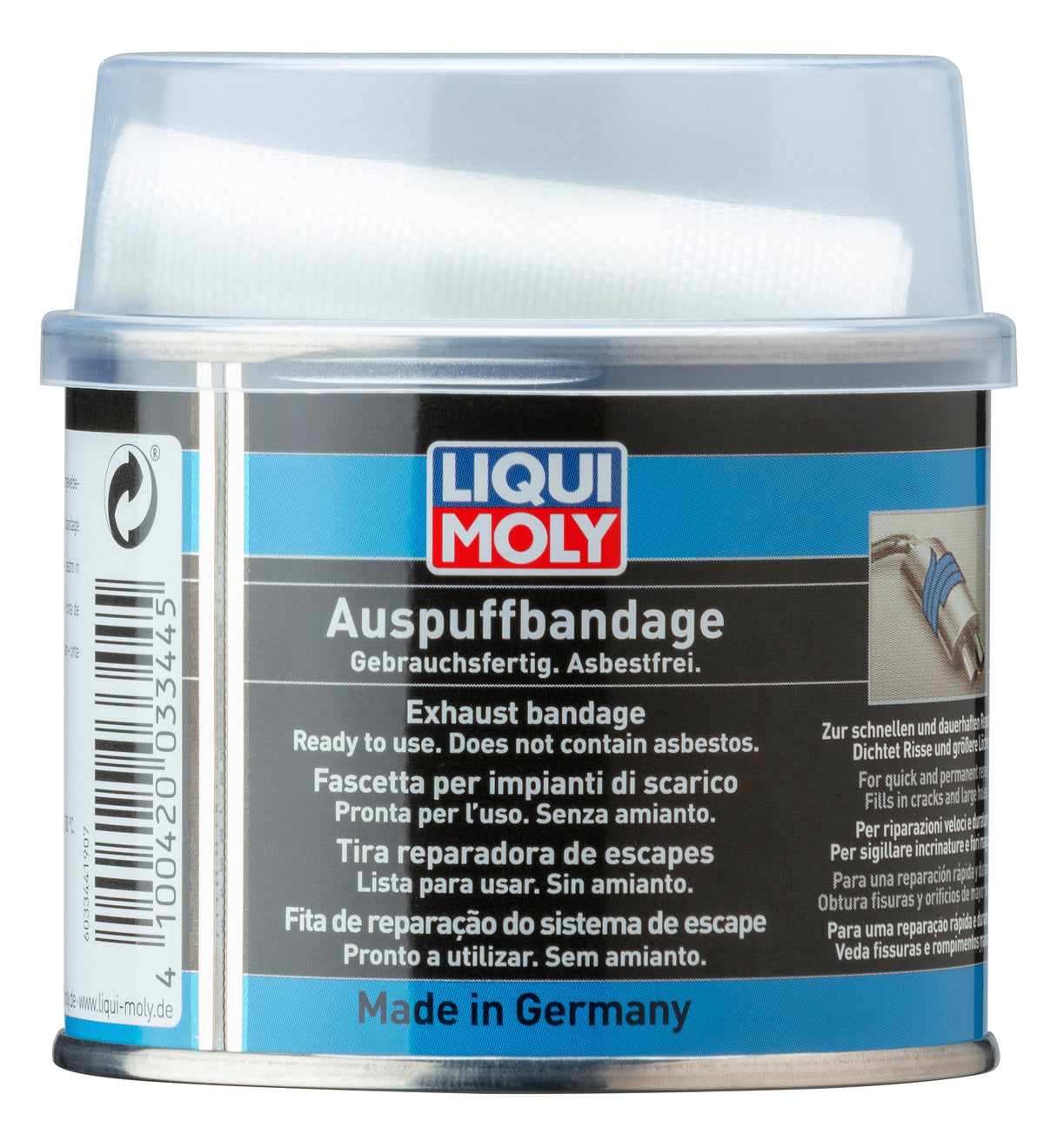 Liqui Moly Exhaust Bandage 1 Metre for repairs, shown wrapped around a vehicle exhaust pipe, made of durable adhesive material.