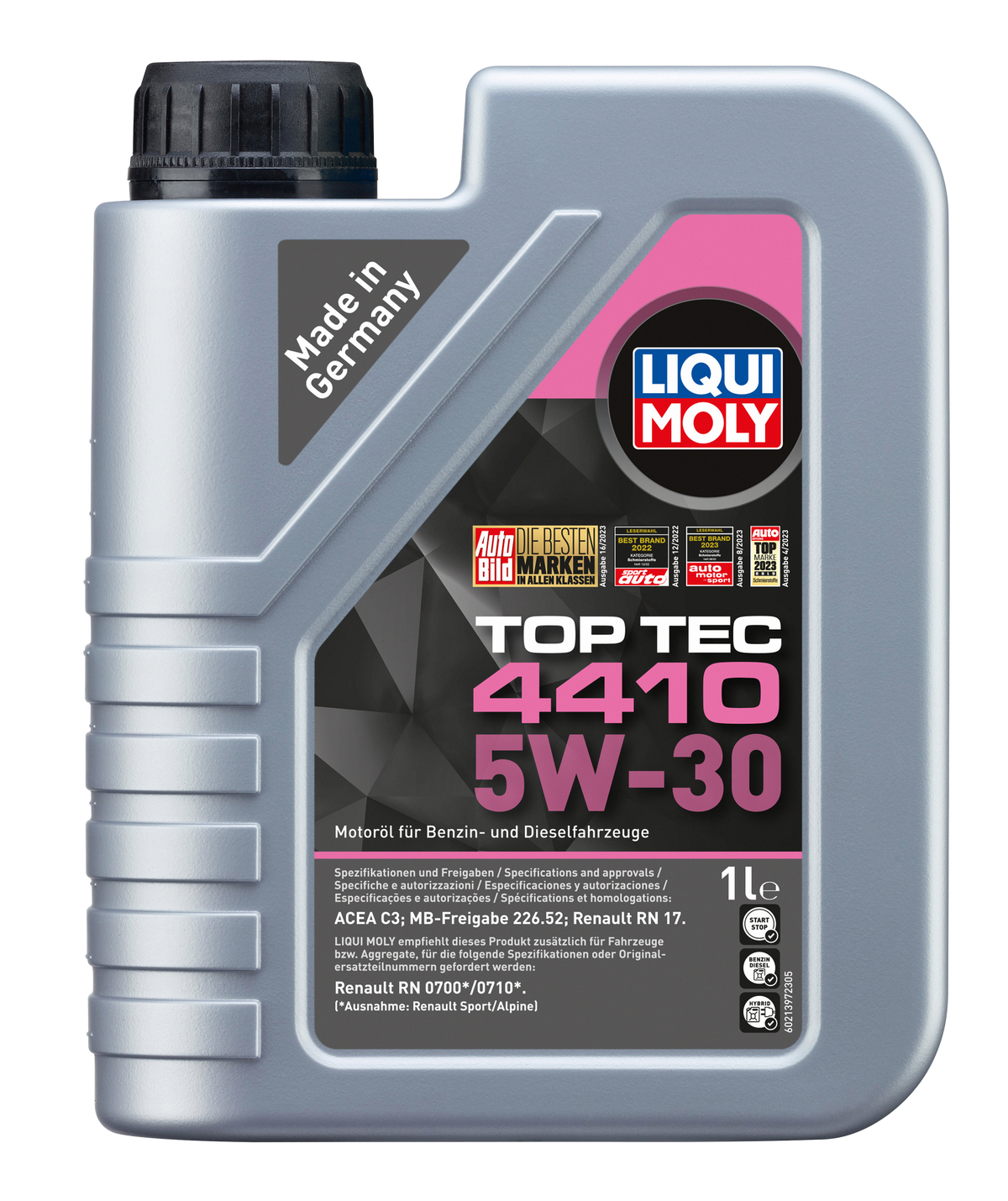 Liqui Moly Top Tec 4410 5W-30 engine oil bottle with label visible for automotive engine lubrication.