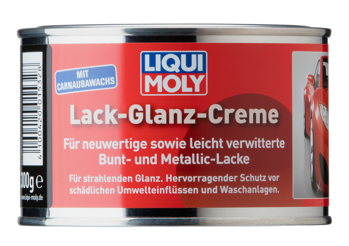 Liqui Moly Paint Polishing Cream 300g for car detailing, showing the cream and application tools on a vehicle surface.