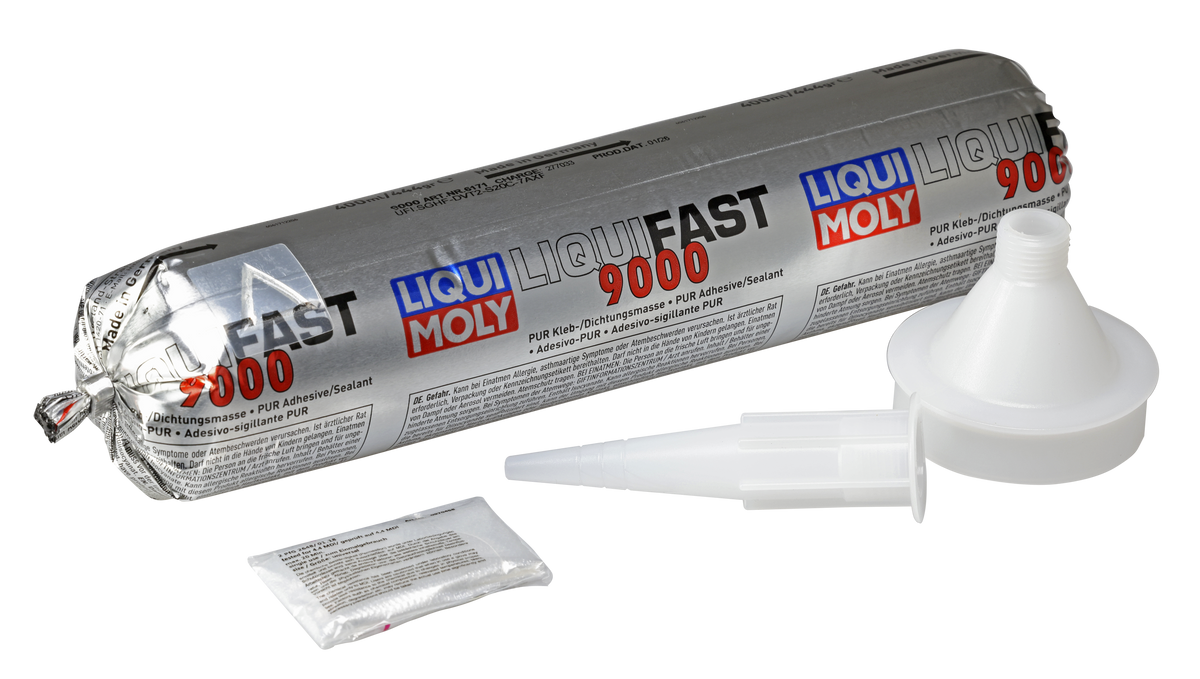 Liqui Moly Liquifast 9000 400ml adhesive and sealant bag, ready for automotive repair use.
