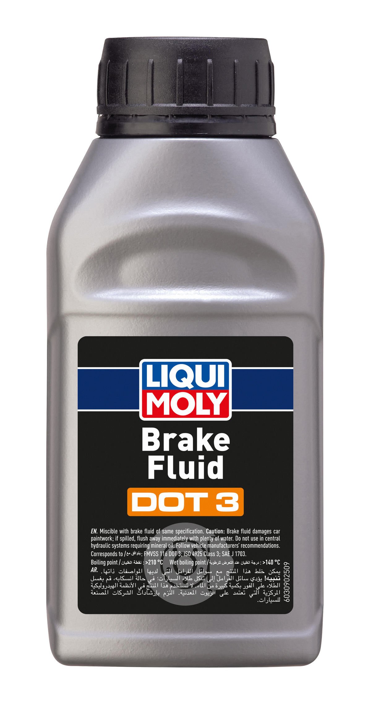 Liqui Moly Brake Fluid DOT 3 bottle, automotive brake fluid container with label and cap, for vehicle braking systems.