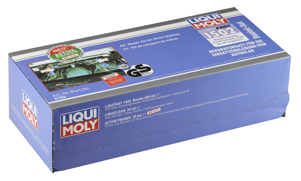 Liqui Moly Liquifast 1502 adhesive and sealant bag set, 1 piece, for automotive repairs, with tubes and applicator tips visible.
