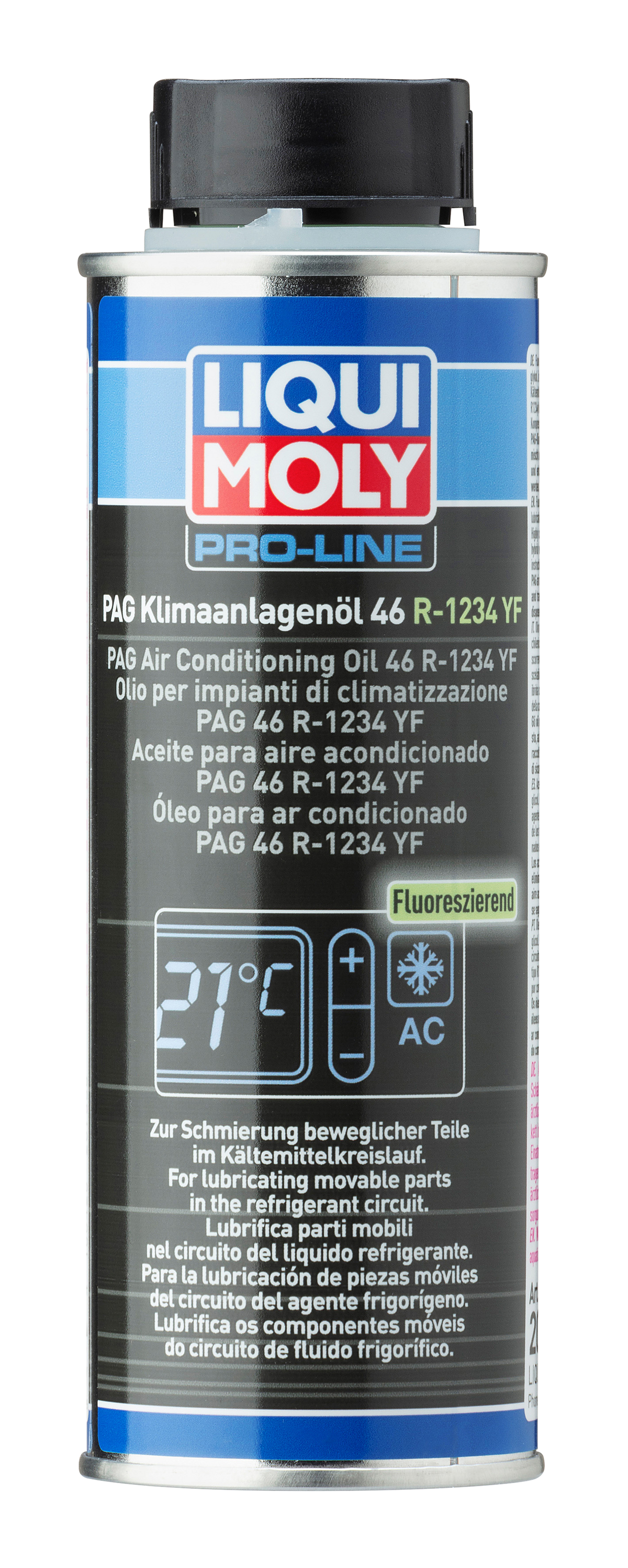 Liqui Moly Pag Air Con Oil 46R-1234YF 250ml gearbox fluid container with label showing product details.