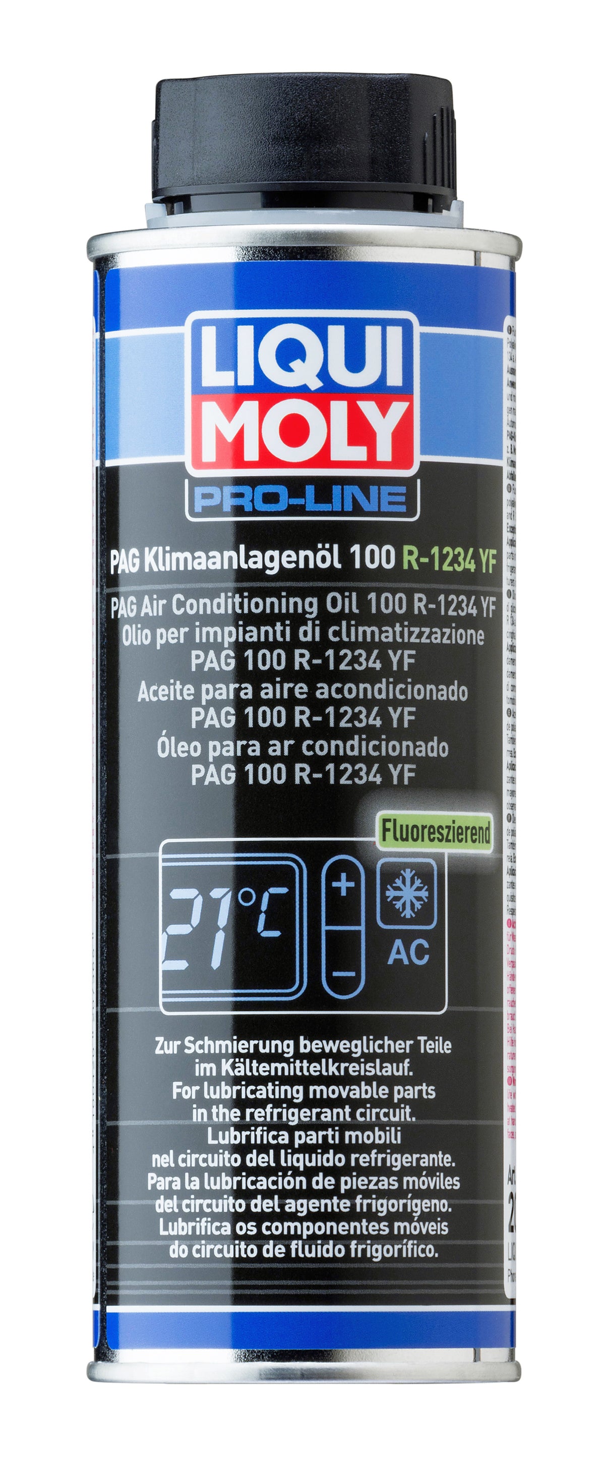 Liqui Moly Pag Air Con Oil 100R-1234 YF 250ml gearbox fluid container with label and cap.