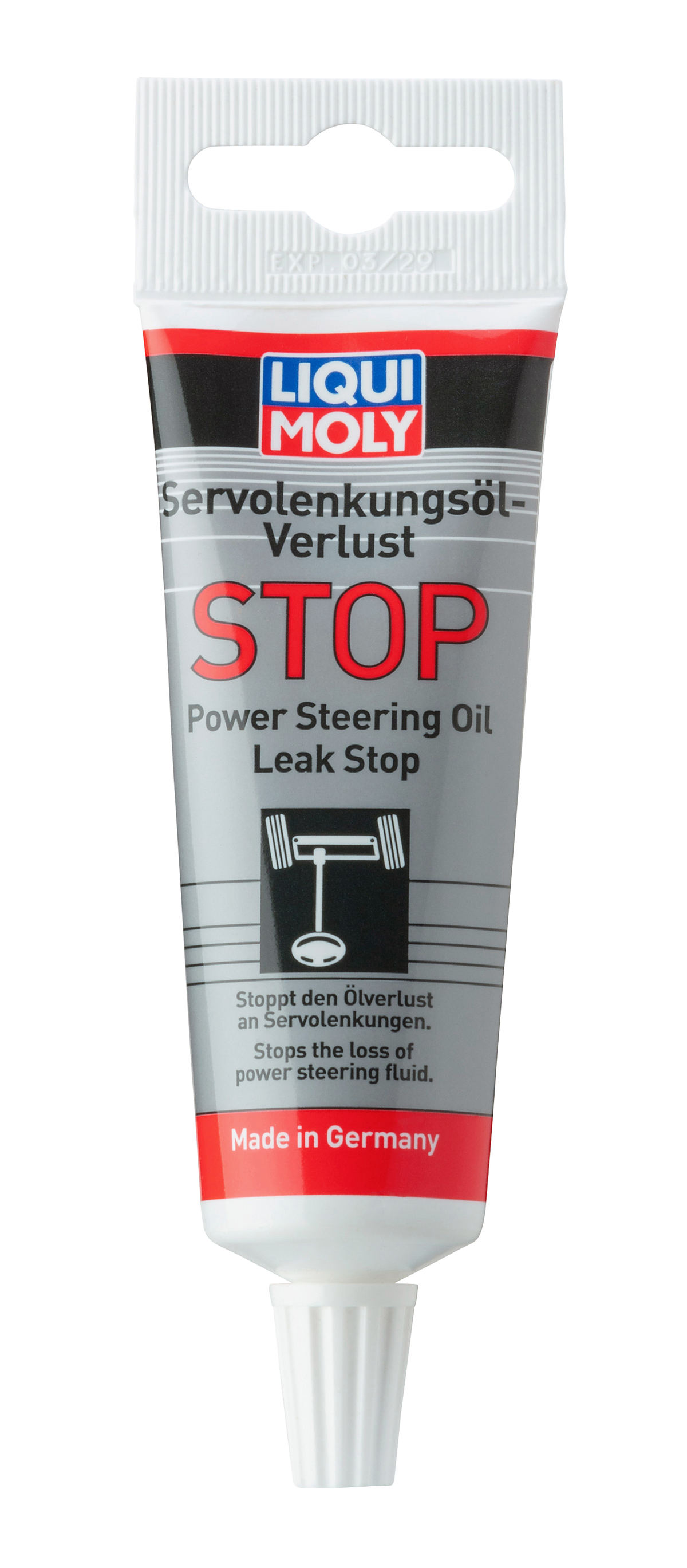 Liqui Moly Power Steering Oil Leak Stop additive bottle, 35ml, designed to seal leaks and improve steering system performance.
