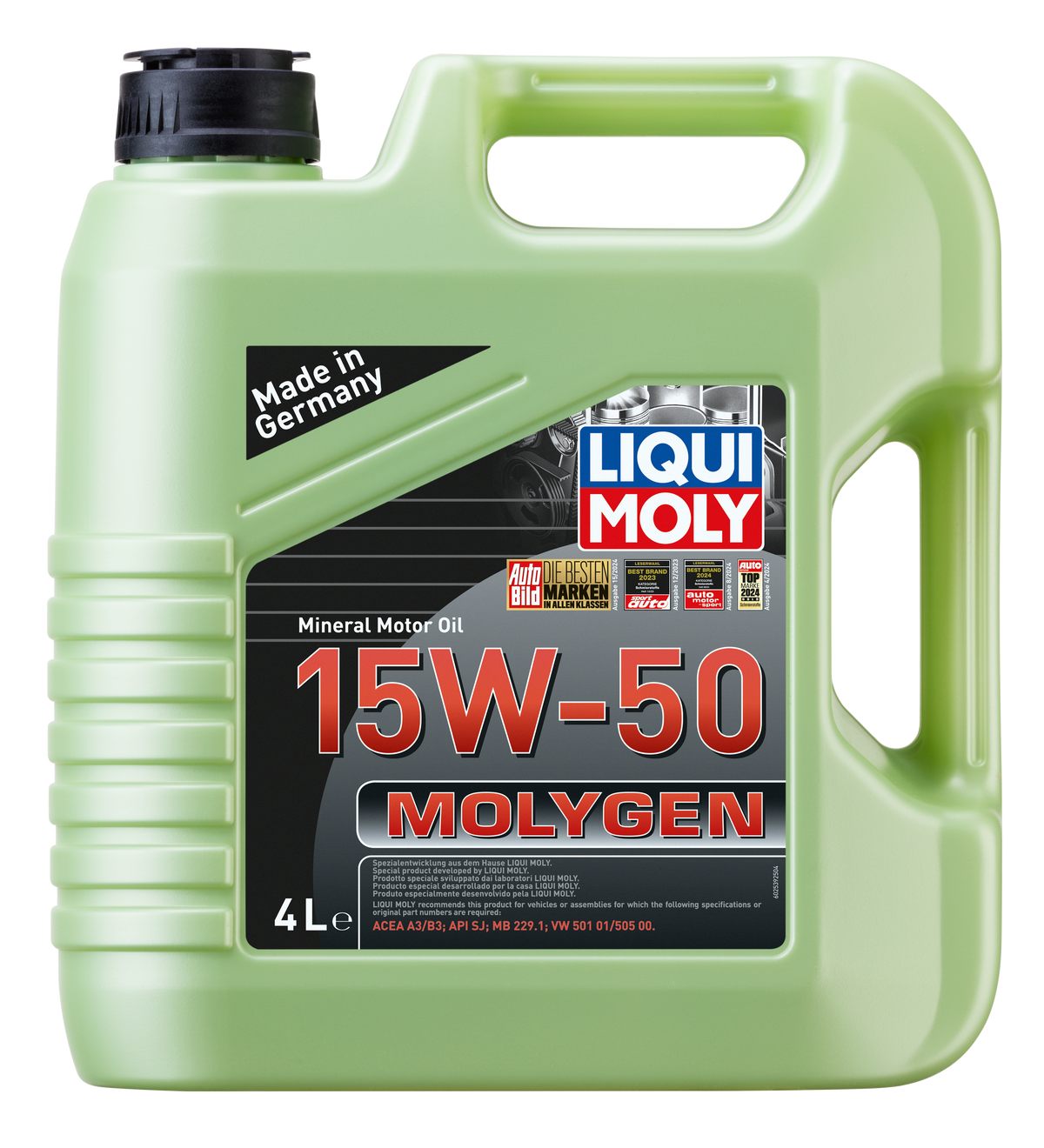 Liqui Moly Molygen 15W-50 engine oil 4L container with label, designed for automotive engine lubrication and performance.