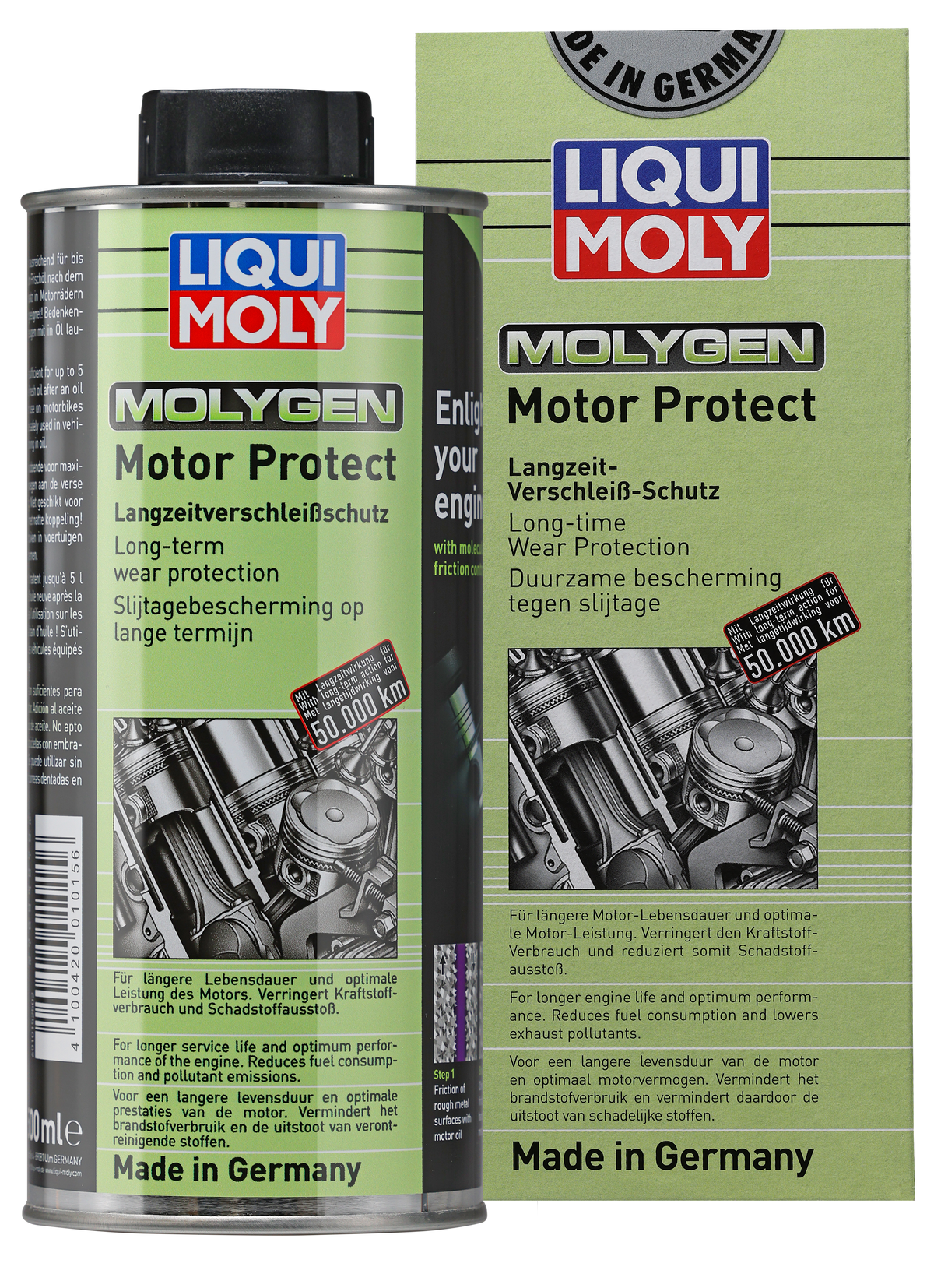 Liqui Moly Molygen Motor Protect additive bottle, 500ml, for engine protection and treatment, featuring the product label and cap.