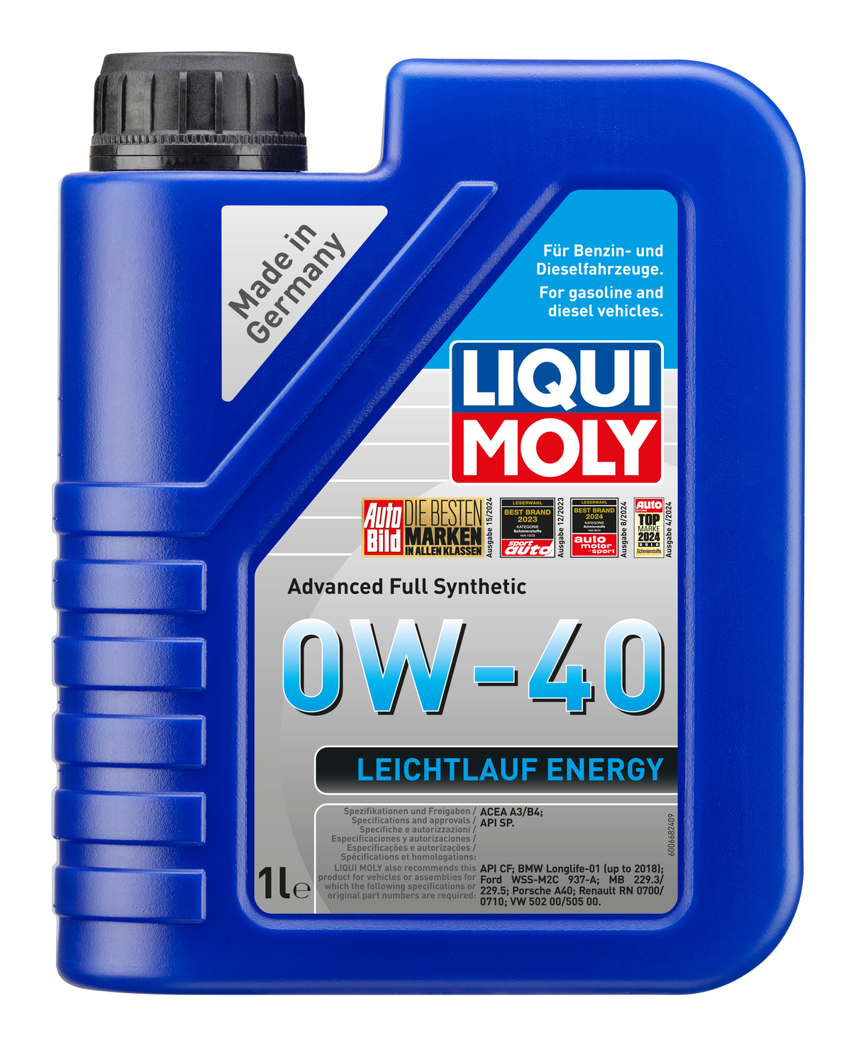 Liqui Moly Smooth Running Energy 0W-40 engine oil bottle, engine oil container with label and cap.