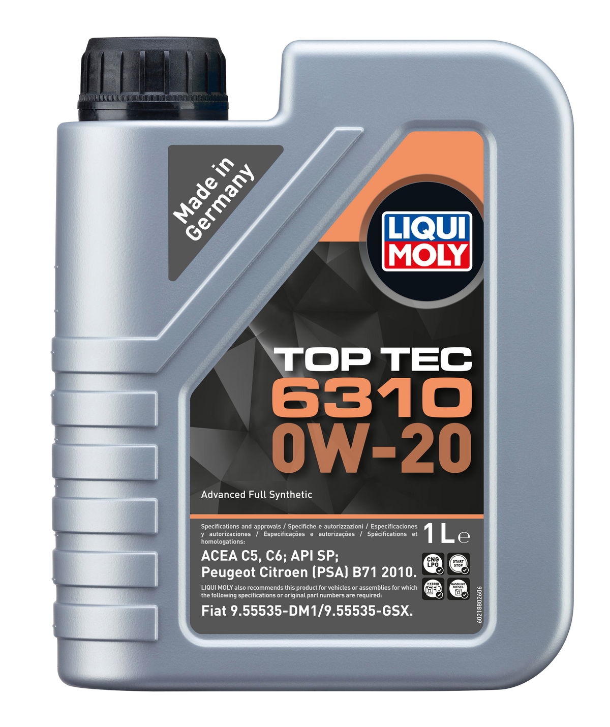 Liqui Moly Top Tec 6310 0W-20 engine oil bottle with label and cap, designed for vehicle engine lubrication.