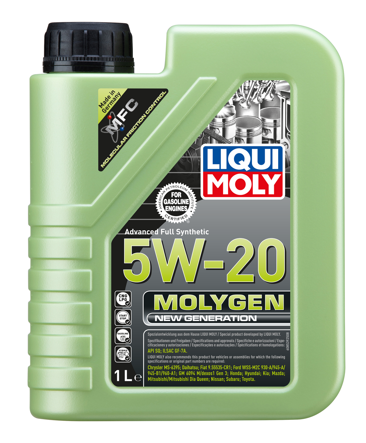 Bottle of Liqui Moly Molygen New Generation 5W-20 engine oil with label visible, designed for modern vehicle engines.
