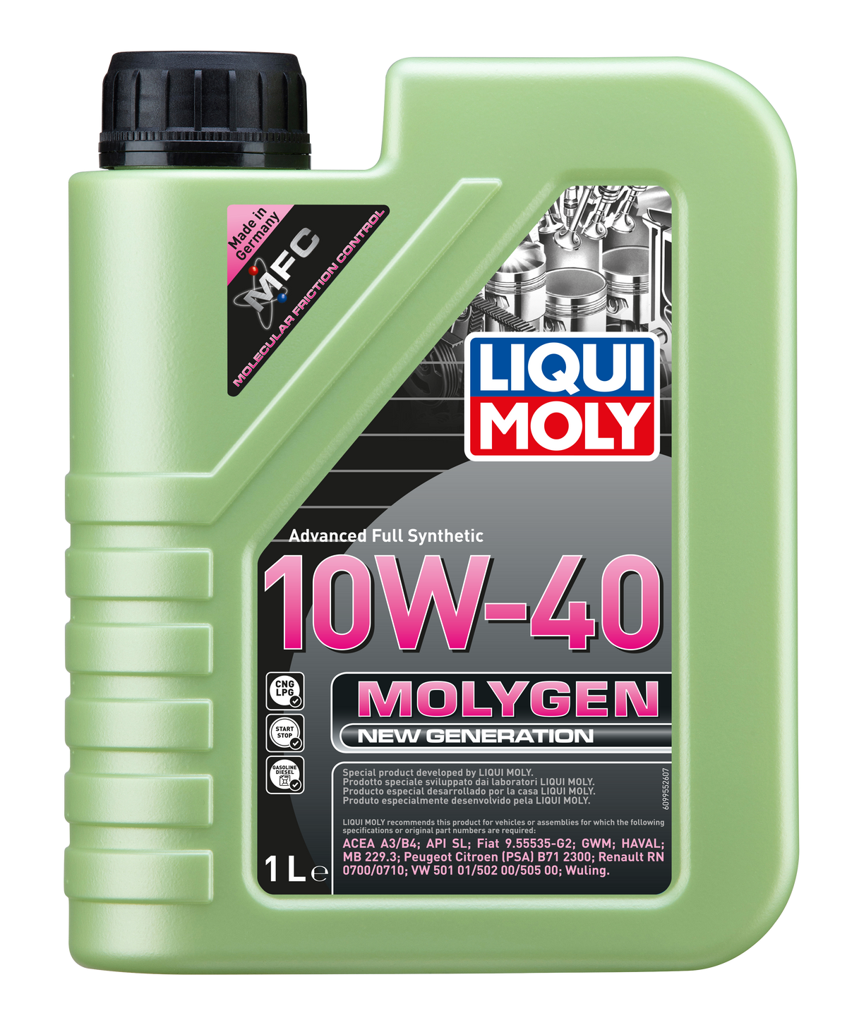 Liqui Moly Molygen New Generation 10W-40 engine oil bottle with label and cap, designed for vehicle engine lubrication.