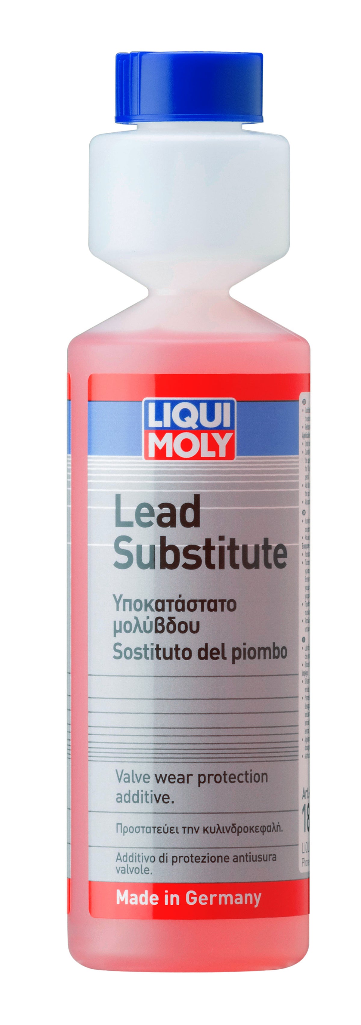 Liqui Moly Lead Substitute additive bottle, 250ml, designed to improve fuel quality and protect engine components.