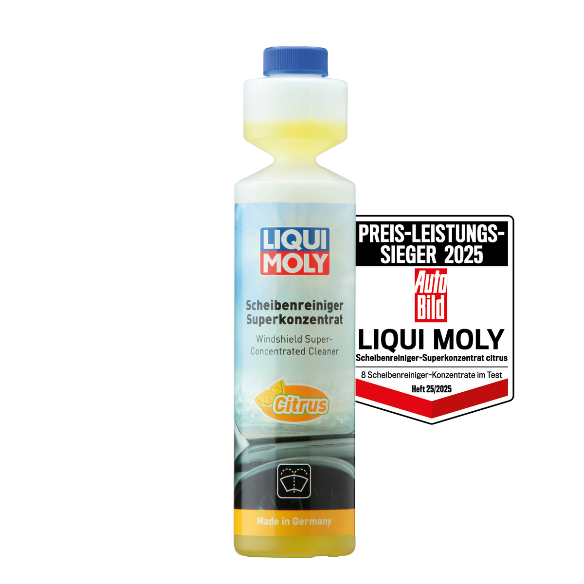 Liqui Moly Windshield Super Concentrated Cleaner additive bottle for effective windshield cleaning and treatment.