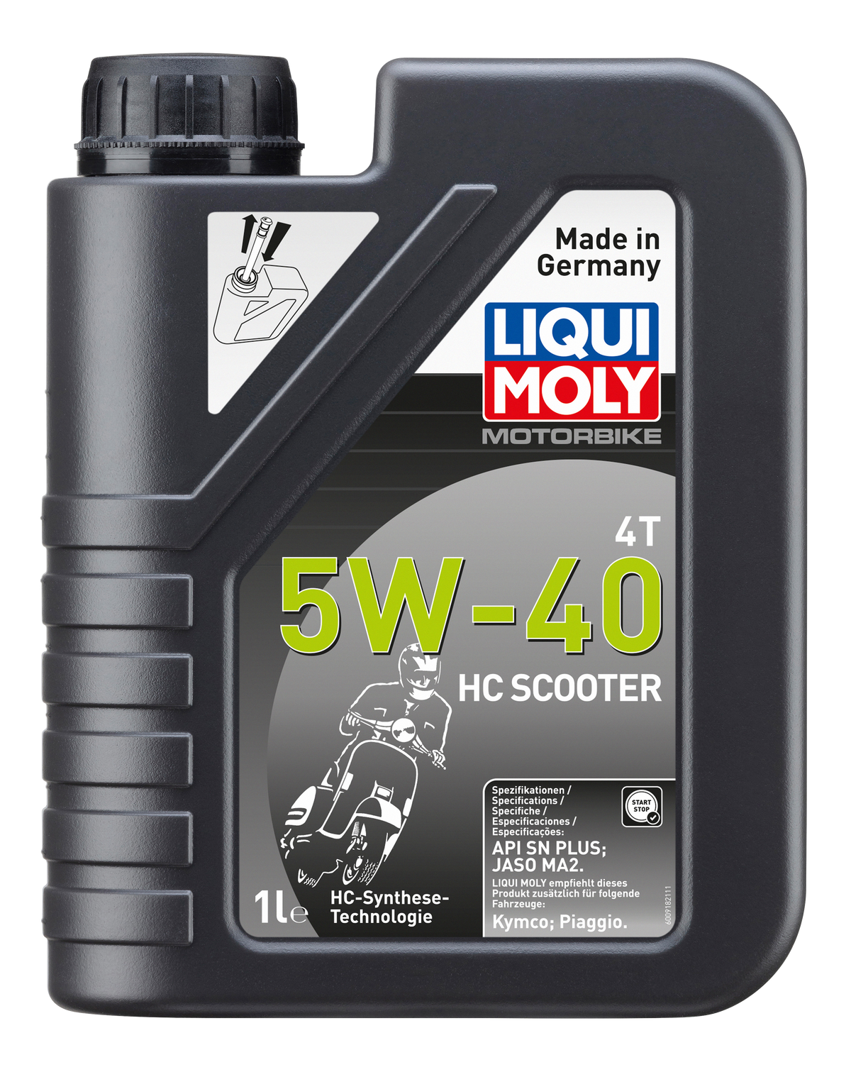 Liqui Moly Motorbike 4T 5W-40 HC scooter engine oil bottle, 1 liter, with product label and branding visible.