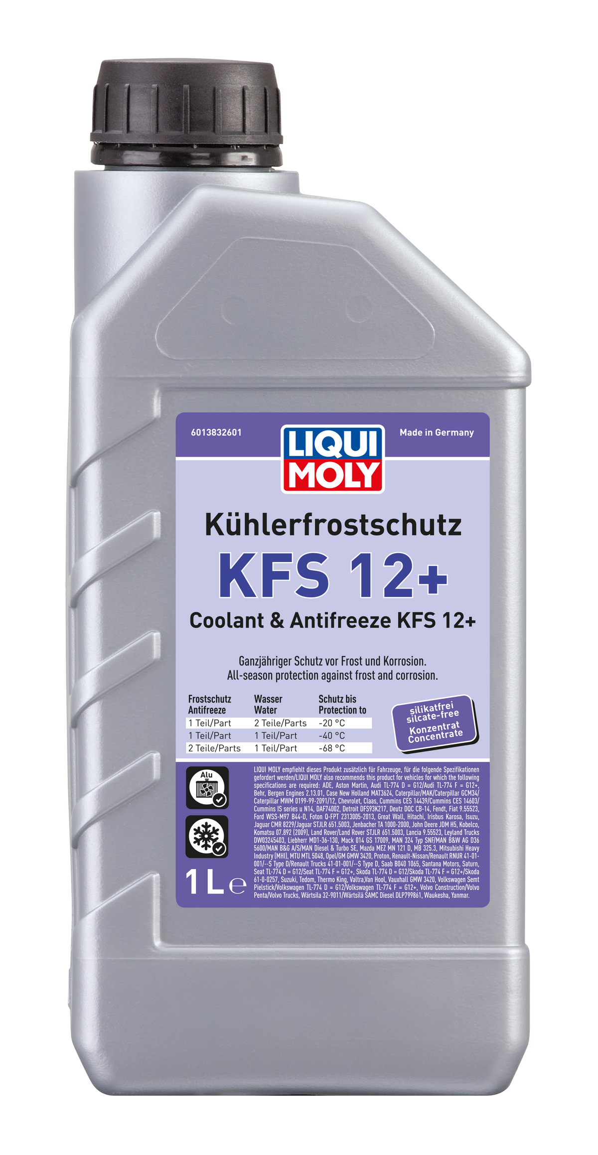 Liqui Moly Radiator Antifreeze KFS 12+ coolant bottle with label, designed for vehicle radiator protection and temperature regulation.