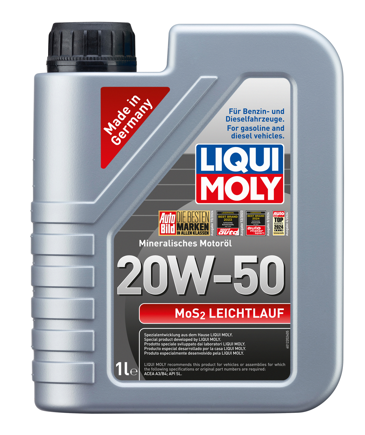 Liqui Moly MoS2 Low-Friction Engine Oil 20W-50 in a container, suitable for engine lubrication and reducing friction.