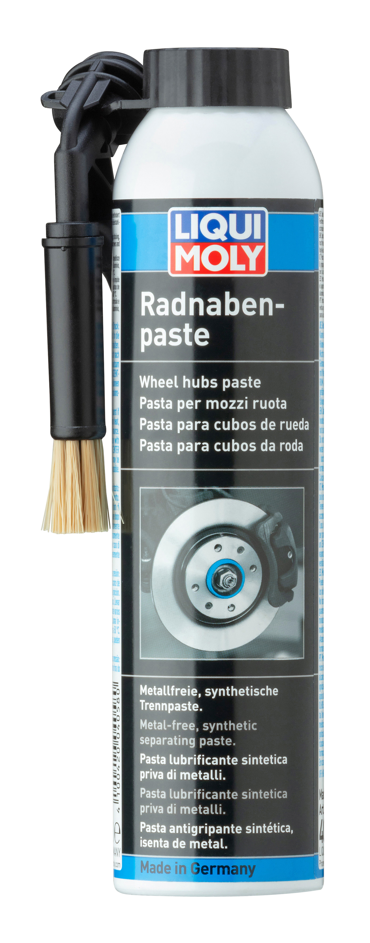 Liqui Moly Wheel Hub Paste can with brush, 200ml, a grease and lubricant product for wheel hub maintenance.