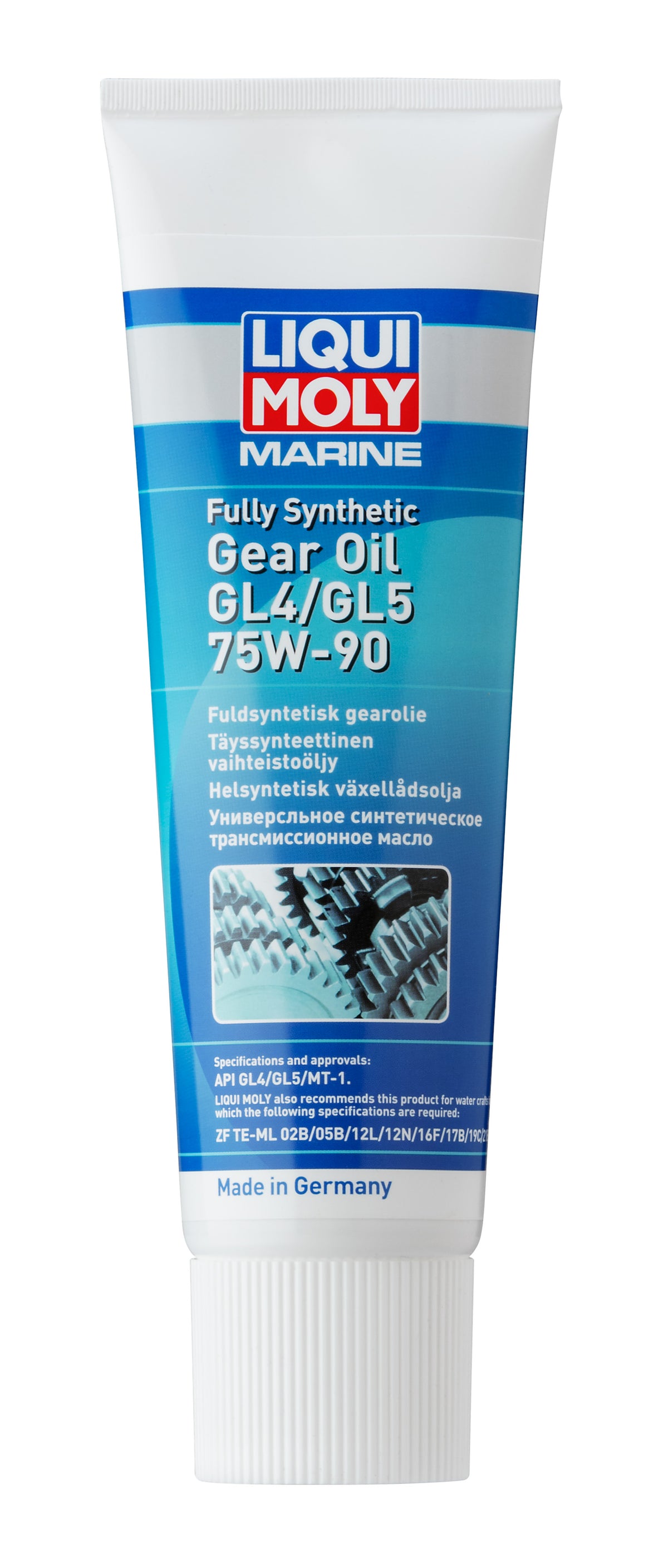 Liqui Moly Marine F/S Gear Oil GL4/GL5 75W-90 bottle for marine gear lubrication, with product label visible.
