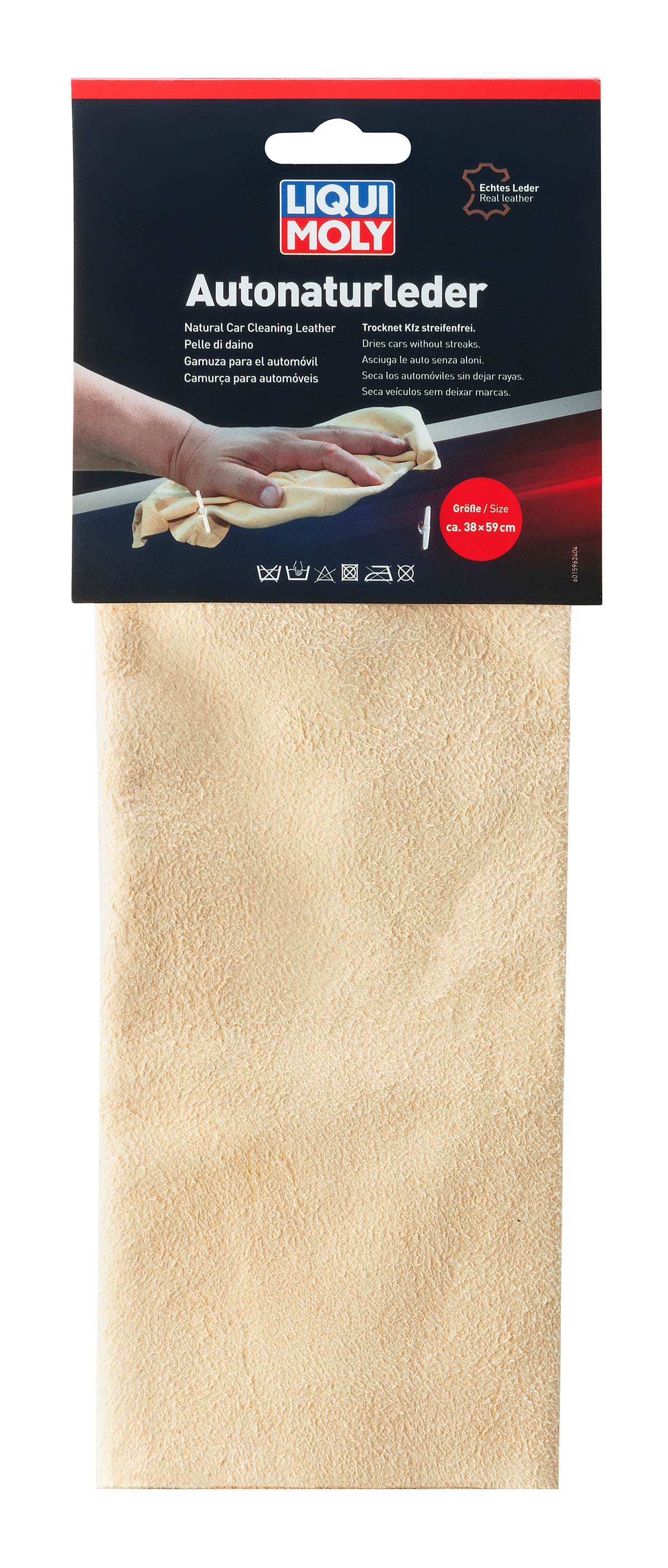 Liqui Moly Natural Car Cleaning Leather detailing kit with a cleaning cloth for leather car interiors.