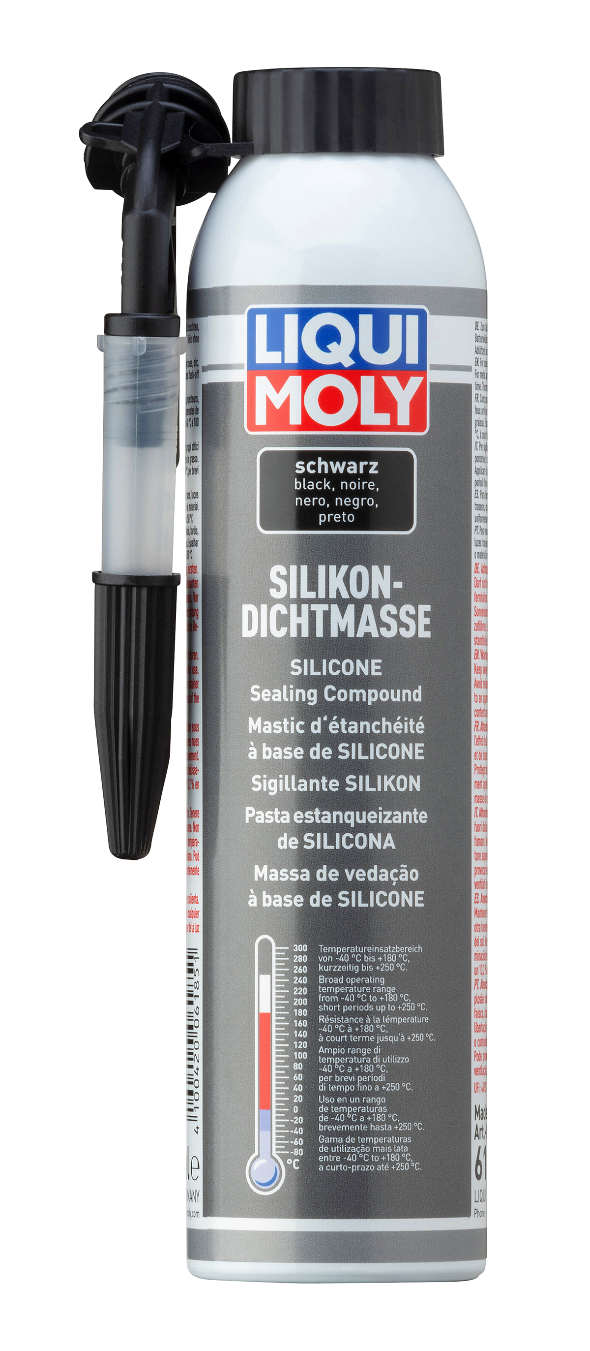 Black Liqui Moly Silicone Sealing Compound in 200ml tube, suitable for adhesives and sealants applications.