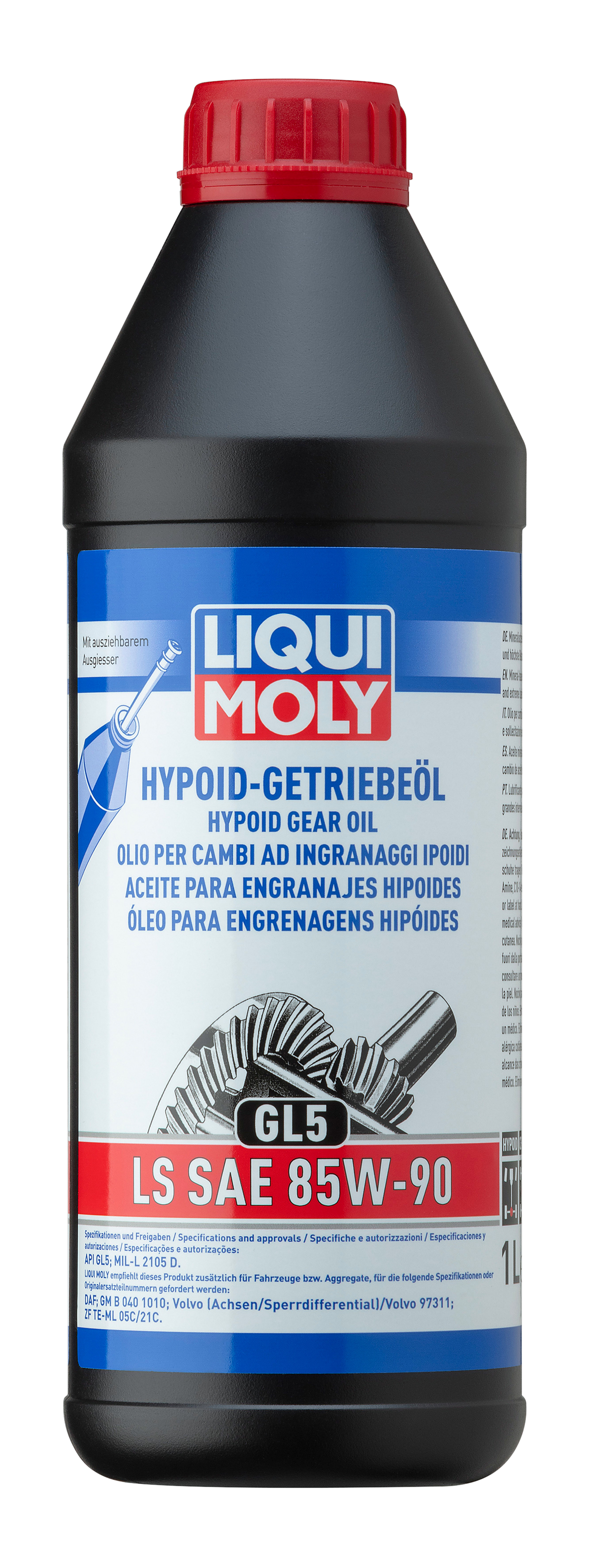 Liqui Moly Hypoid Gear Oil GL5 LS SAE 85W-90 gearbox fluid bottle with label and cap, suitable for hypoid gear lubrication.