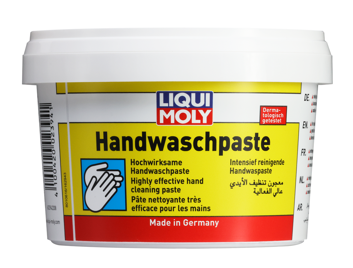 Liqui Moly Hand Cleaning Paste for grease and lubricants removal, featuring a jar with the product label and a spatula applicator.