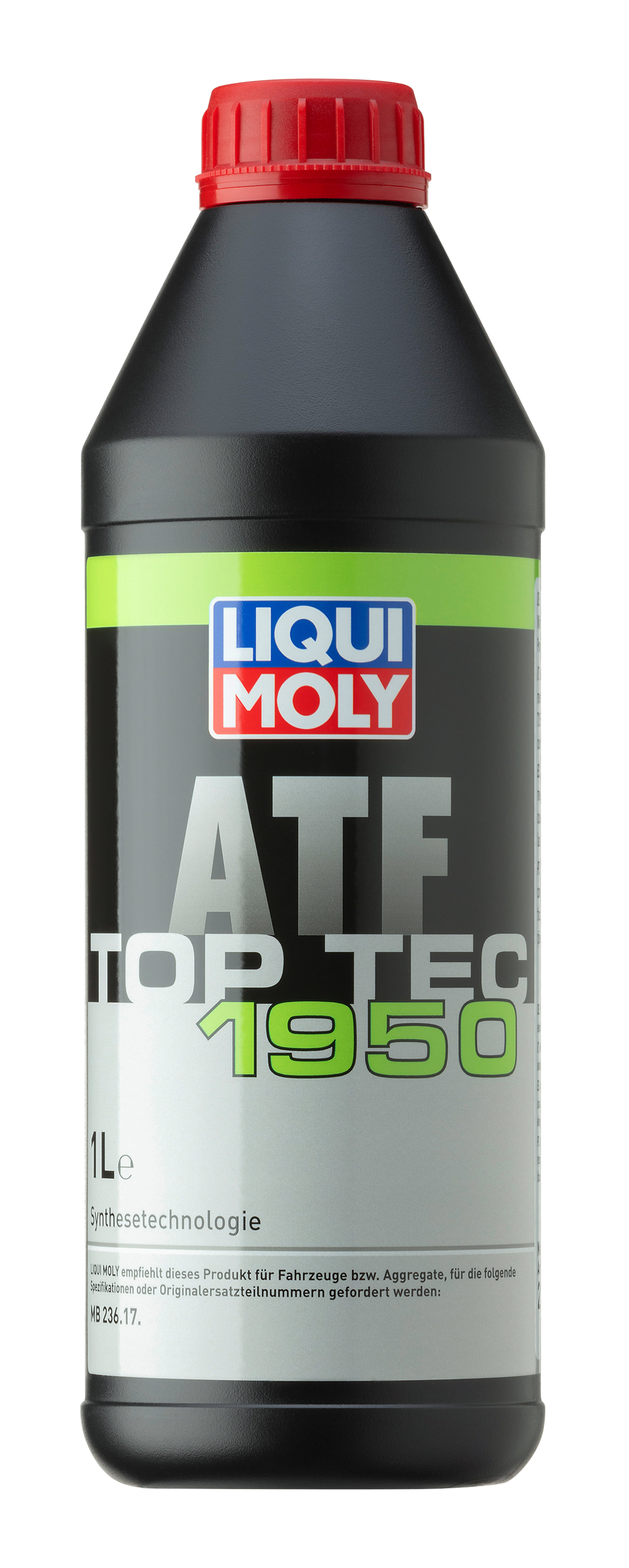 Bottle of Liqui Moly Top Tec ATF 1950 gearbox fluid with label showing product name and brand, placed on a plain background.